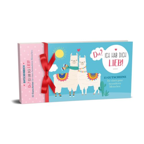Farbenfrohes Gutscheinbuch mit Lamas, roter Schleife und dem deutschen Text „Ich hab dich lieb!“.