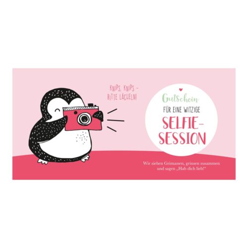 Cartoon-Pinguin mit Kamera auf rosa Hintergrund. Text auf Deutsch über eine „Selfie-Session“.