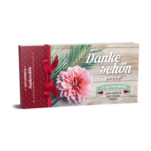 Geschenkkartenheft mit dem Text „Danke schön“, einer rosa Blume und einer roten Schleife auf dem Umschlag.