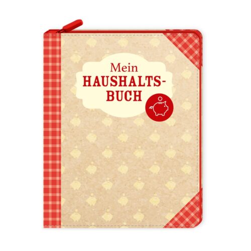 Beige-rot karierter Notizbuchumschlag mit der Aufschrift „Mein Haushaltsbuch“ und einem Sparschwein-Symbol.