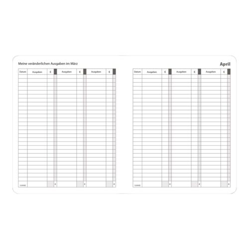 Eine Ausgabenjournalseite in deutscher Sprache mit Spalten für Datum und Ausgabendetails, eingestellt für März und April.