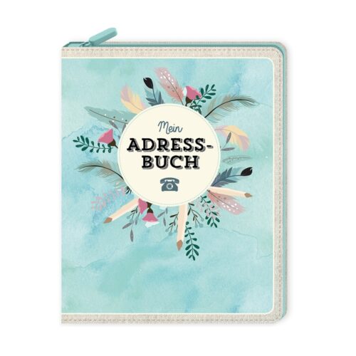 Blauer Adressbuchumschlag mit floralem Design und dem Text „Mein Adressbuch“ in der Mitte.