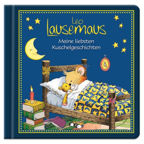 Illustration einer Maus im Bett mit einem Teddybär, umgeben von Sternen und einem Mond. Deutscher Text auf dem Buchcover.