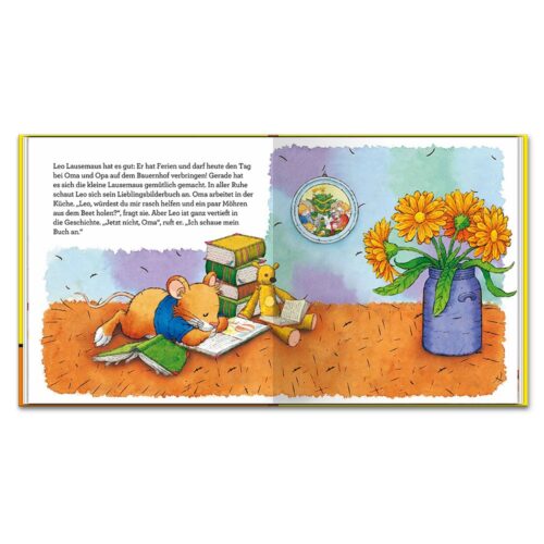 Illustriertes Kinderbuch mit einer kleinen lesenden Maus und einer Vase mit gelben Blumen. Text in Deutsch.