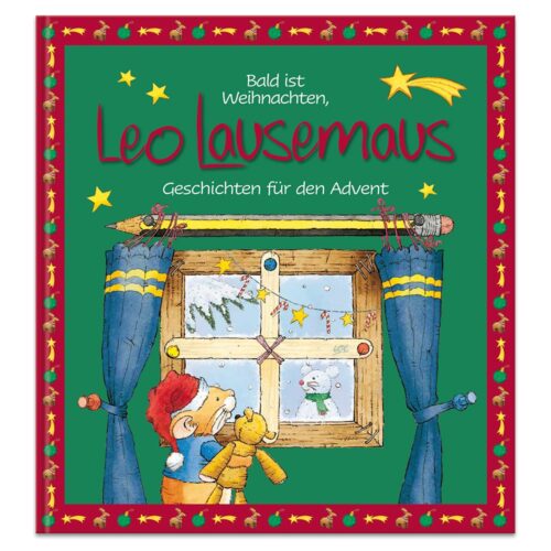 Illustriertes Buchcover von „Leo Lausemaus“ mit einer aus dem Fenster schauenden Maus, festlichen Weihnachtsdekorationen und Sternen.