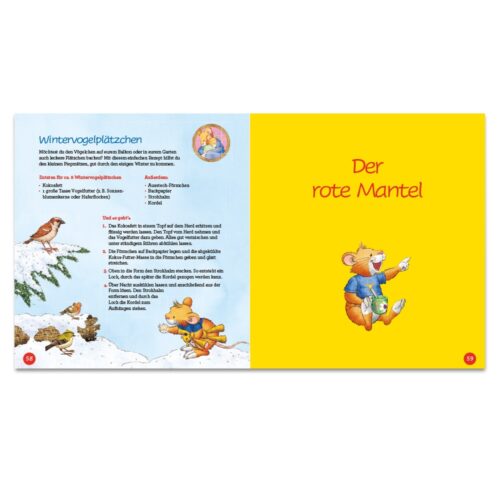 Kinderbuchseiten mit illustrierten Tieren und deutschem Text zum Thema Winter und einem roten Mantel.