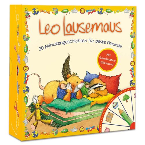 Illustriertes Kinderbuchcover mit aneinander gekuschelten Mäusen und verspielter Grafik. Titel: „Leo Lausemaus.