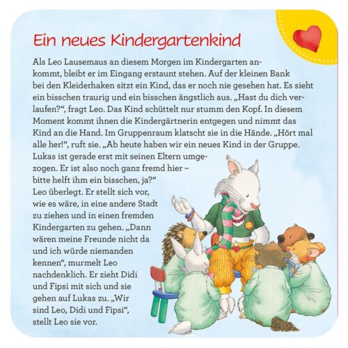Illustration von Tieren, die in den Kindergarten kommen, mit einem Text darüber, dass Leo am ersten Tag nervös ist.