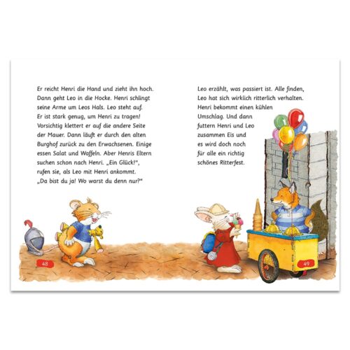 Illustrierte Bilderbuchseite mit zwei Mäusen, eine mit Kapuzenpullover, die andere mit Umhang, neben einer Burgmauer und einem Wagen mit Luftballons.