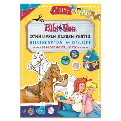 Cover eines Kinderbastelbuchs mit Pferden und zwei lächelnden Zeichentrickfiguren in farbenfrohem Design.