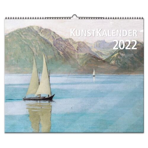Kunstkalendercover 2022 mit Segelbooten auf einem See und einer Bergkulisse.
