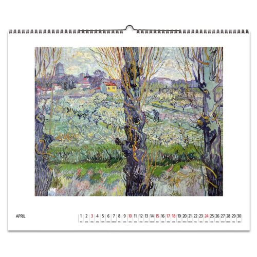 Kalenderseite für April mit einem Landschaftsgemälde von Van Gogh mit Bäumen und einem Feld.