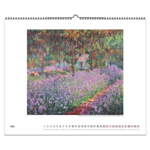 Eine Kalenderseite für Mai mit einem impressionistischen Gemälde eines Gartens mit lila Blumen und üppigem Grün.