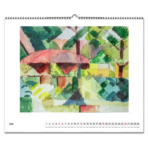 Kalender mit einem farbenfrohen abstrakten Gemälde mit Bäumen und Sonnenschirmen für den Monat Juni.