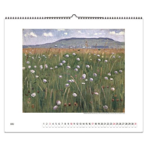 Eine Kalenderseite im Querformat für Juli mit einem Feld voller Wildblumen und einem Berg im Hintergrund.
