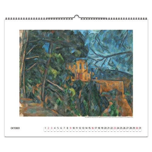 Kalenderblatt für Oktober mit einer Wald- und Schlossmalerei in Erdtönen und Blautönen.
