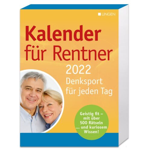 Cover eines Kalenders 2022 mit dem Titel „Kalender für Rentner“ mit einem lächelnden älteren Paar.