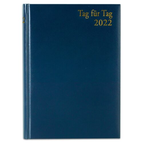 Ein blaues Buch mit der goldenen Aufschrift „Tag für Tag 2022“ auf dem Cover.