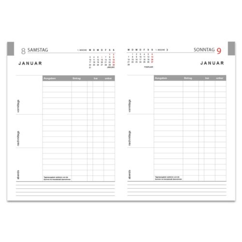 Zweiseitiges Kalenderlayout für den 8. und 9. Januar mit Spalten für Ausgaben und oben hervorgehobenen Daten.