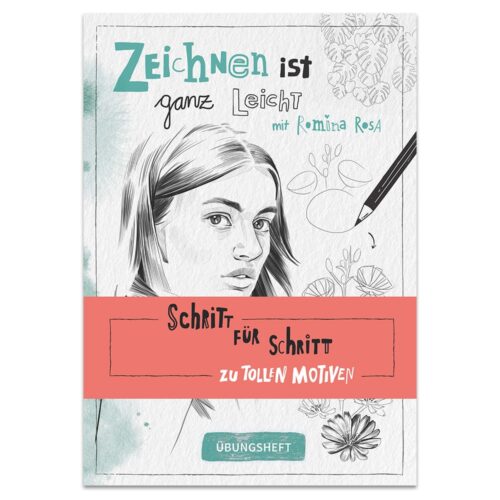Zeichenbuchumschlag mit einer Frauenskizze, einem Bleistift und Blumenillustrationen mit deutschem Text.