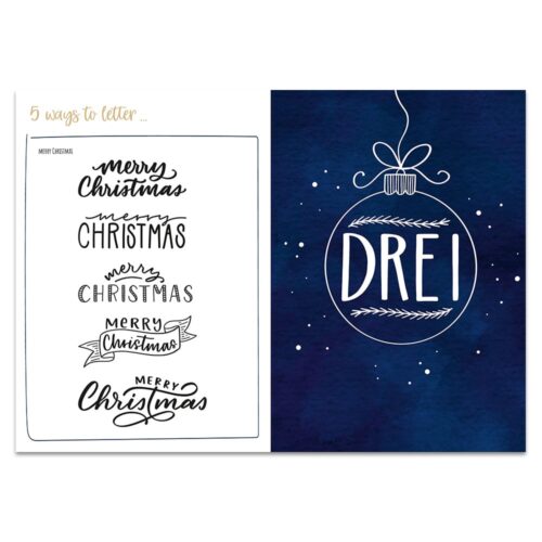 Festliche Karte mit Anleitungen zum „Frohe Weihnachten“-Schriftzug und blauem Hintergrund mit Weihnachtsornament.