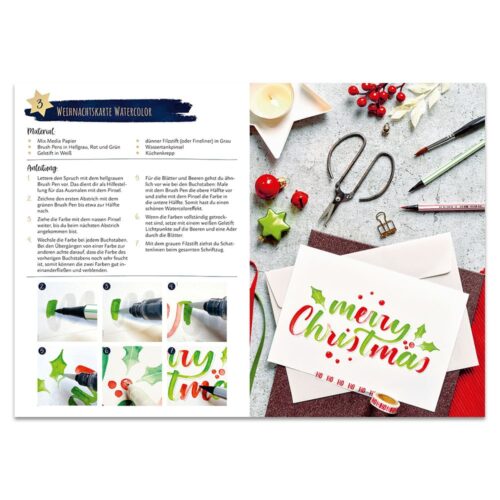 Bastelanleitung mit Anleitungen zum Basteln von Weihnachtskarten in Aquarellfarben und Materialien auf einer weißen Oberfläche.