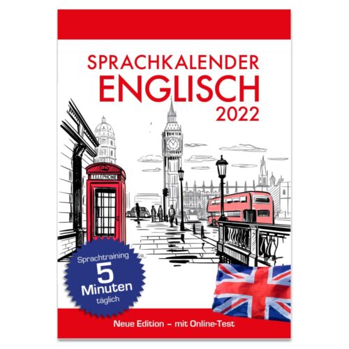 Cover des Sprachkalenders Englisch 2022 mit Londoner Wahrzeichen und einer britischen Flagge.