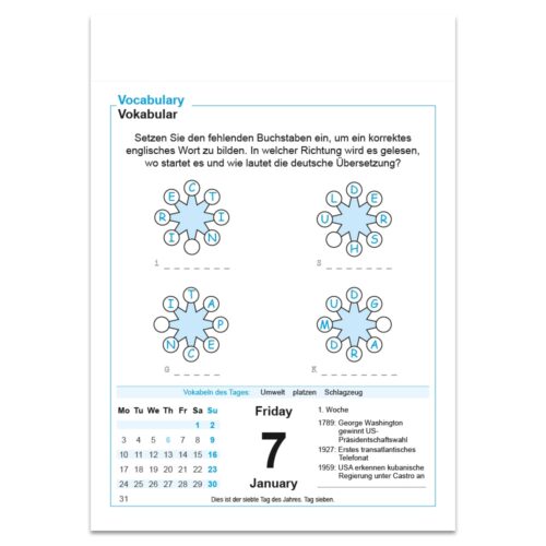 Rätselseite mit Wortspielen in Deutsch und Englisch, Kalenderdatum zeigt Freitag, 7. Januar.