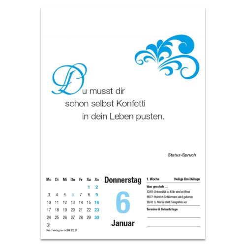 Kalenderblatt mit einem motivierenden Zitat in deutscher Sprache und blauen Dekorationselementen für den 6. Januar.