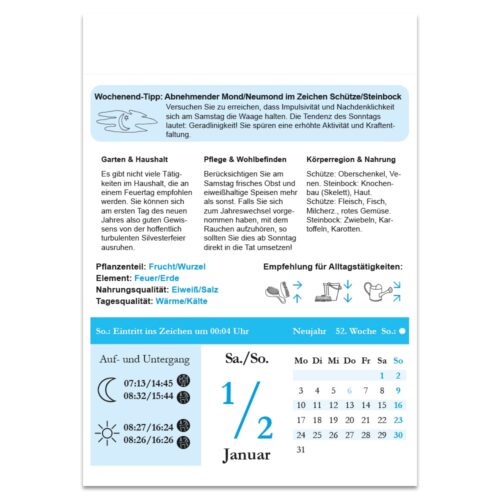 Wöchentlicher Mondkalender mit Gartentipps, Gesundheitsratschlägen und Mondphasen für Januar.