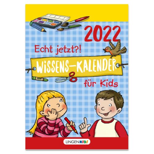 Cover des Kinder-Wissenskalenders für 2022 mit Zeichen- und Malzubehör für Kinder.