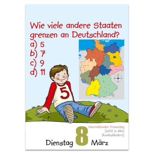 Illustration eines Jungen, einer Deutschlandkarte und einer Quizfrage zu den Nachbarbundesländern Deutschlands.