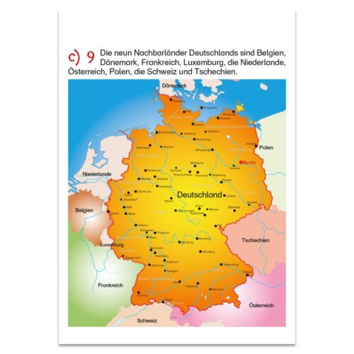 Karte von Deutschland, auf der die neun Nachbarländer in unterschiedlichen Farben hervorgehoben sind.