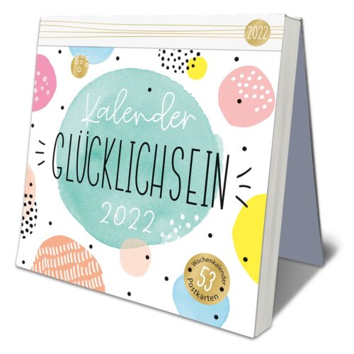 Farbenfroher „Glücklich Sein 2022“-Kalender mit abstraktem Design und Punkten.