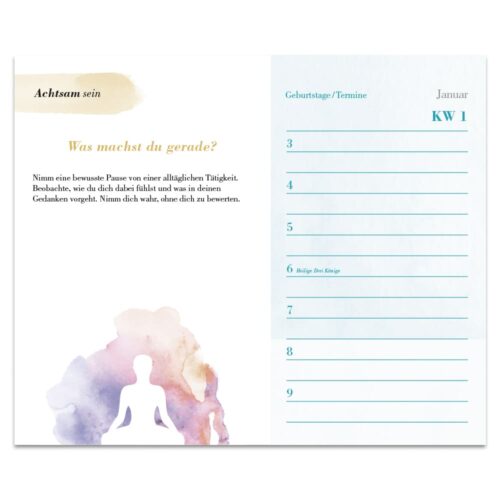 Wochenplanerseite mit der Aquarellsilhouette einer meditativen Figur und Platz für Termine und Notizen.
