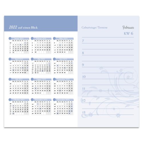 Kalender- und Planerseite für Februar 2022 mit Blumendekorationen und Platz für Notizen.