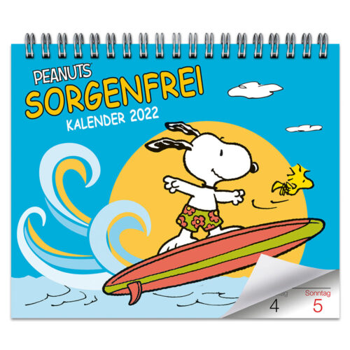 Snoopy surft auf einer Welle mit einer gelben Sonne im Hintergrund