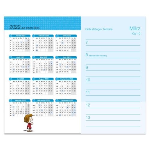 Deutscher Kalender für 2022 mit Monatslayouts und einer Mädchenillustration unten links.