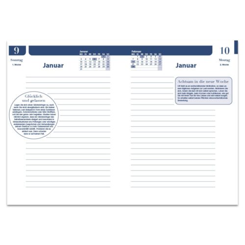 Offener Planer mit linierten Seiten und deutschem Text unter Januar. Abgebildet sind kleine Kalender für Januar und Februar.