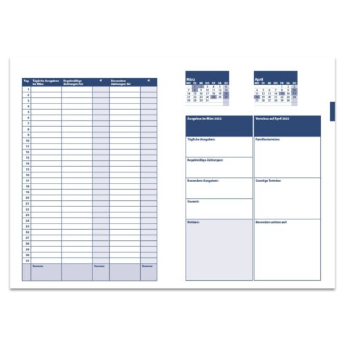Offener Planer mit Kalender, Tabellen und Abschnitten für Notizen, Termine und Ausgaben für März und April 2022.