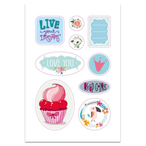 Bunte Aufkleber mit Sprüchen wie „Lebe deine Träume“, „Liebe dich“ und Bildern von Blumen, einer Krone und einem Cupcake.