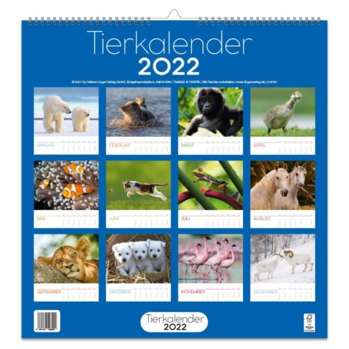 Tierkalender 2022 mit monatlichen Wildtierfotos, darunter Eisbären, Clownfische und Hirsche.