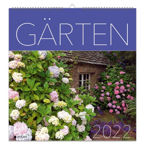 Kalendercover mit bunten Hortensien in einer Gartenkulisse, betitelt „Gärten 2022“ auf violettem Hintergrund.