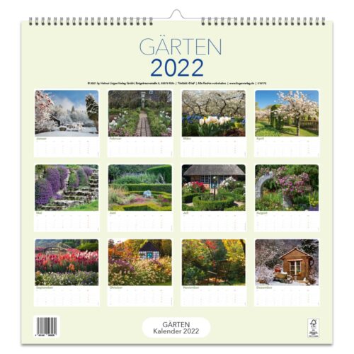 Wandkalender mit verschiedenen Gartenszenen für jeden Monat im Jahr 2022.