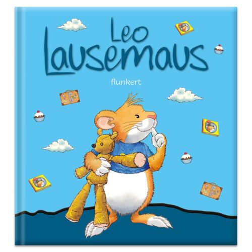 Illustriertes Buchcover mit Maus und Teddybär, betitelt „Leo Lausemaus“ auf blauem Hintergrund mit Wolken.