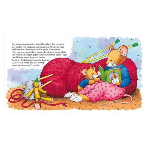 Illustration von Mäusen, die ein Buch lesen und um sie herum Strickzeug haben und auf einem gemütlichen Teppich sitzen.