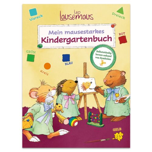 Illustriertes Kinderbuchcover mit Mäusen, die malen und Farben und Formen lernen.