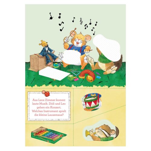 Illustration von musizierenden Mäusen. Eine spielt Trommel, eine andere liest Noten. Um sie herum sind Spielzeuge und eine bunte Schachtel.