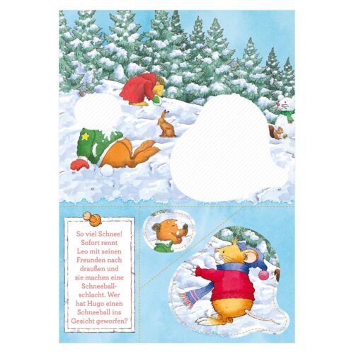 Illustration von Tieren in Winterkleidung, die in einem verschneiten Wald eine Schneeballschlacht veranstalten. Text auf Deutsch.