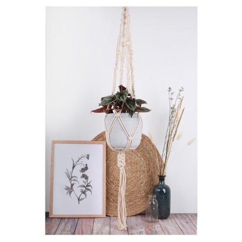 Makramee-Pflanzenhalter mit einer Topfpflanze, einem gerahmten botanischen Druck und einer Vase auf einem Holzboden.